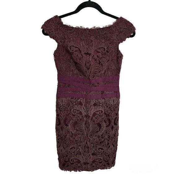 Tadashi Shoji Petite Dress Size 4P Womens Sheath Off Shoulder Lace Overlay Knee - Picture 1 of 5